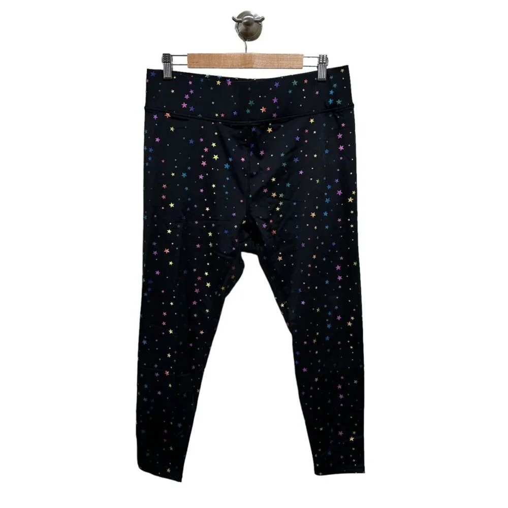 Terez Womens Plus Size 2X Black Mini Star Foil Print Wide Waistband Leggings NEW